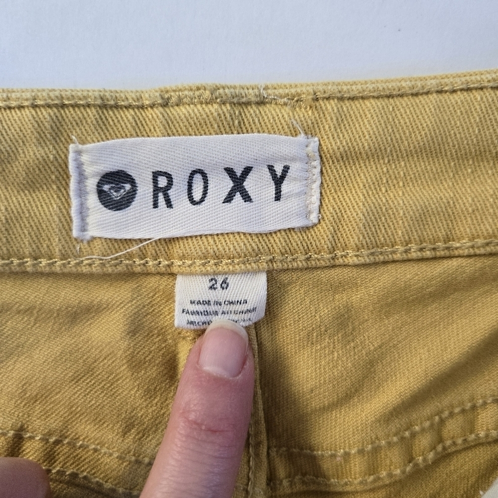 Roxy mustard yellow denim cutoff distressed mid ti low rise short shorts sz 26 - Picture 9 of 10